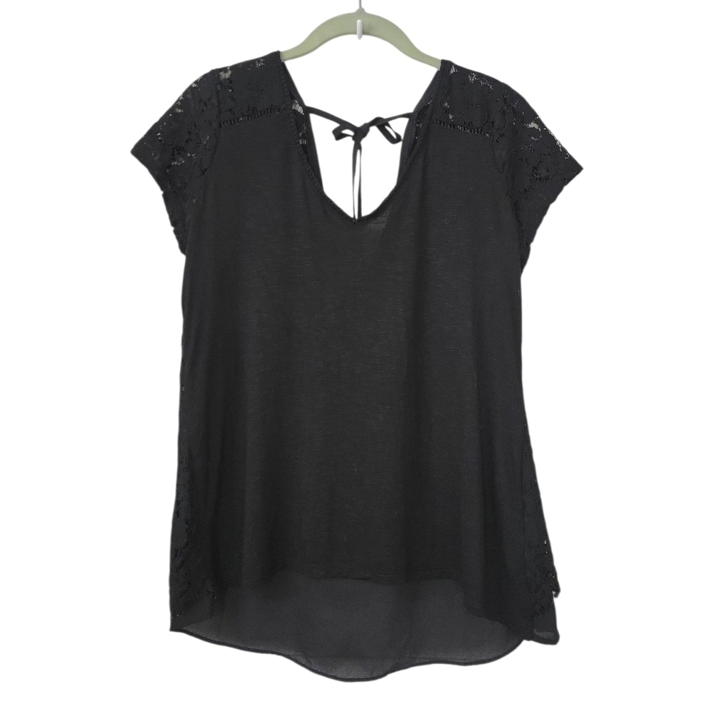 White House Black Market WHBM Lace‎ Tie Back V Neck Top Black Office Date Night